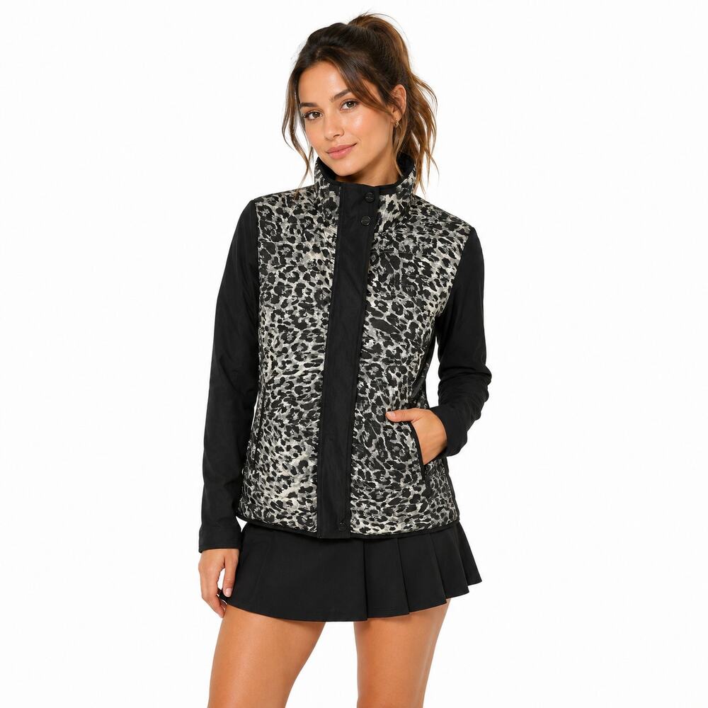 LRL Lauren Active Ralph Lauren Gray Black Leopard Print Full Zip Jacket Sz MED